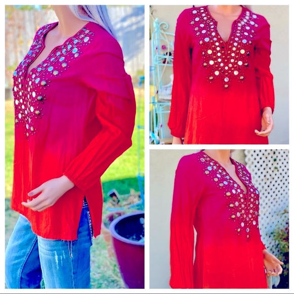 🎉HP MICHAEL KORS Retro Tie-die Ombré BoHo Gypsie Chic Beaded Mirrored Blouse - Picture 6 of 15